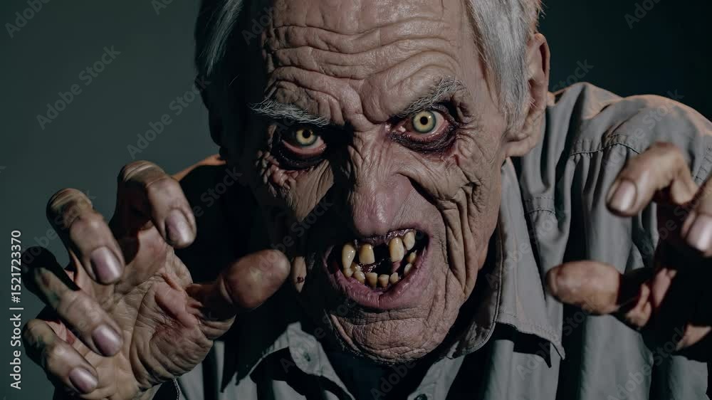 Undead zombie man reaches forward with monster hands. Grunge horror face shows decay. Blood around eyes. Cinematic style creature. Apocalypse zombie in cinematic scene, undead look, grunge horror