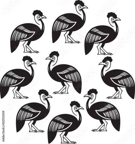 Repeating vector illustration of stylized black and white birds with detailed feather and crest patterns on white background