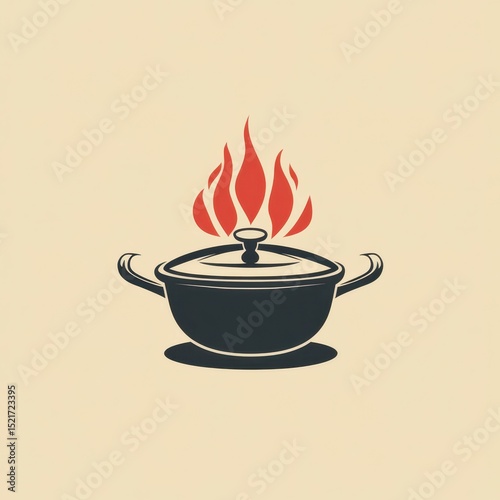 Cooking pot with flames above it symbolizes hot and delicious food preparation in a kitchen setting