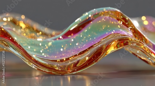 Colorful glass waves with shimmering reflections and glittering details under soft lighting in an artistic setting