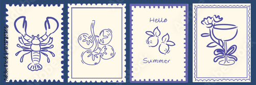 Vintage Italian travel print set with grunge postcard stamps. Retro summer wall art featuring Amalfi, Sicilia, lemons, and elegant engraving frame elements. Perfect for poster, placard, or background 