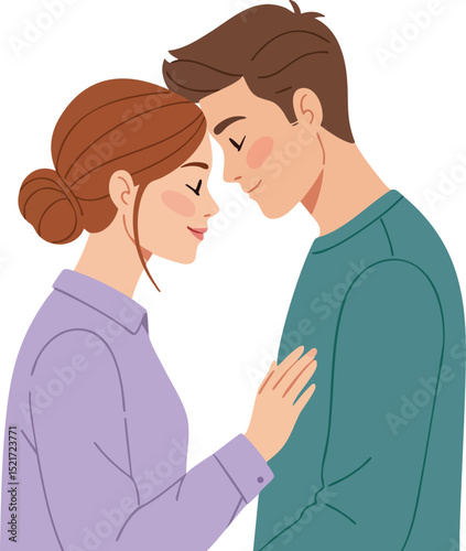 Young couple embracing tenderly with closed eyes showing affection and love in casual clothing vector illustration 