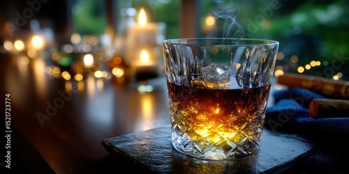 Warm ambiance with a glass of whiskey and lit candles creating a cozy atmosphere in the evening