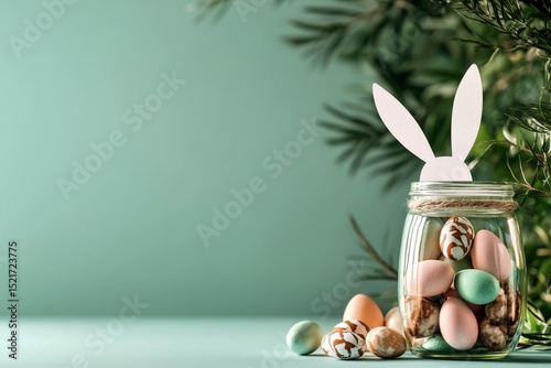 Colorful Easter Decorations in a Glass Jar With Bunny Ears on a Light Green B...