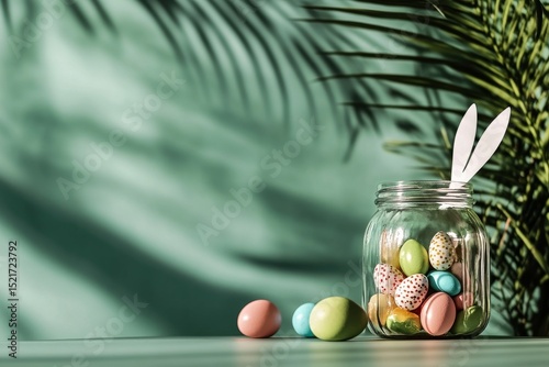 Colorful Easter Decorations in a Glass Jar With Bunny Ears on a Light Green B...