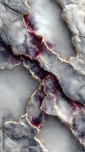 Abstract texture showcasing cracked surfaces with contrasting dark and light tones featuring red lines