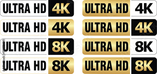 Shiny 4K & 8K Ultra HD Badges – Black and Gold Premium Resolution Labels for Streaming
