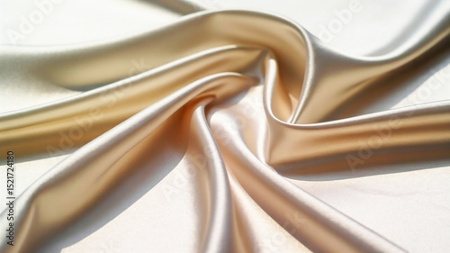 A close-up view reveals champagne silk fabric flowing in smooth waves glowing softly with subtle metallic sheen and elegant light reflections