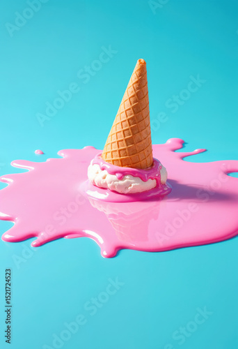 Waffle cone upside down in melting pink cream puddle on blue background, creative food scene with summer humor