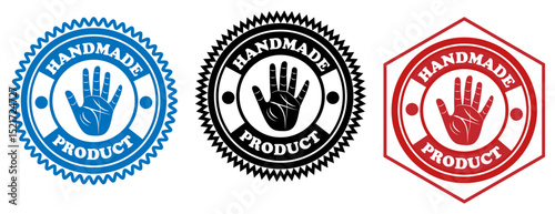 Colorful handmade product label icons featuring open palm stamp design in red black and blue circular quality assurance badge. Red black blue handmade seal labels. Handmade quality assurance graphics