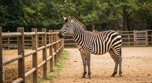 Zebra standing near wooden fence in a sandy enclosure on a sunny zoo day in an american wildlife conservation park

