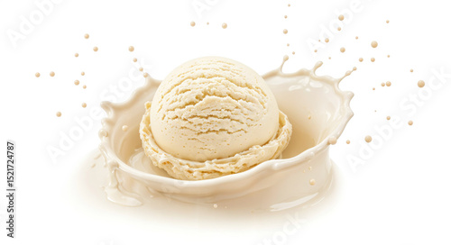 Vanilla ice cream scoop splashing into creamy milk swirl on white background in a creative minimal food concept