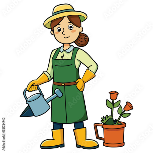 gardener woman with a watering can and gardening gloves
