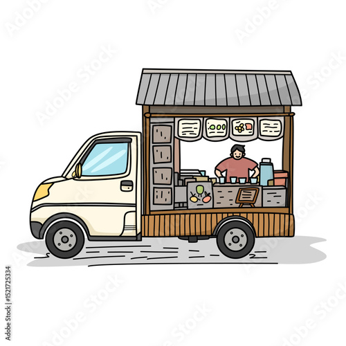 Street Food Truck with Wooden Design. Hand Drawn Style