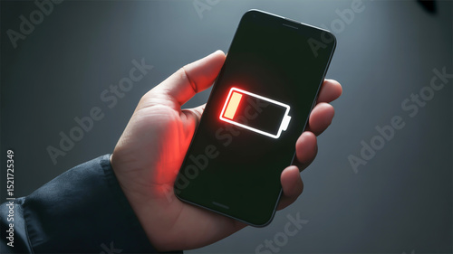 A close-up of a hand in a black sleeve holding a smartphone showing a glowing red low battery icon against darkness