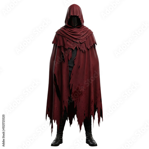 Red hooded knight in tattered cloak and black armor