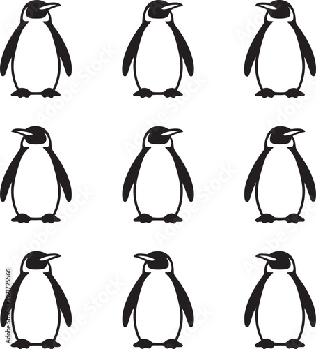 Simple black and white vector illustrations of nine adorable penguins standing on a clean white background