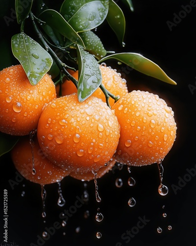 Vibrant mandarin oranges glistening with dew in a lush citrus garden showcasing nature's richness