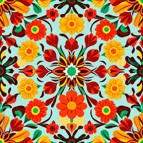 Vibrant floral pattern with symmetrical arrangement of flowers and leaves on a light blue background created with generated ai