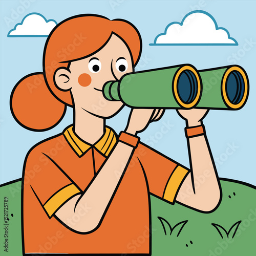 woman birdwatching with binoculars in nature