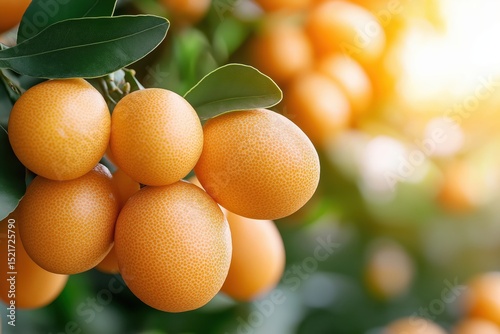 Kumquat fruits ripening on branches with clear blue sky in organic garden setting
