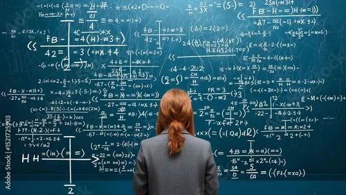 Woman with reddish ponytail facing chalkboard covered in mathematical formulas, hands on head showing frustration or concentration. Complicated scientific calculations surrounding her.