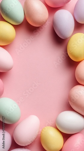 Colorful Easter Eggs Arranged on a Pink Background for Spring Celebration and...