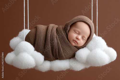 A serene newborn baby sleeping peacefully on a fluffy cloud