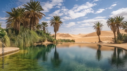 Serene oasis pool surrounded by palm trees and dunes.