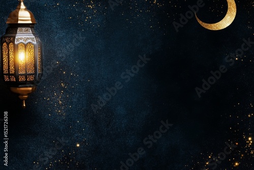 Lantern Glowing Under Crescent Moon in Twilight Sky Creating a Serene Evening...