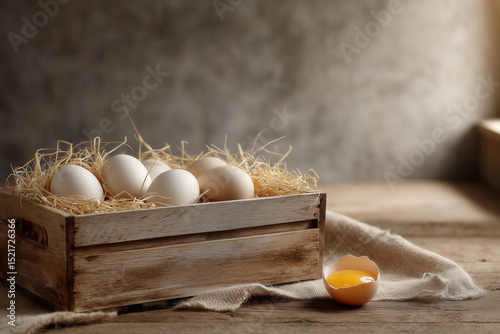 Wooden crate displays fresh farm eggs resting on straw bedding. Soft morning light highlights cracked egg revealing yellow yolk. Concept of agriculture, culinary arts, farmstead photo