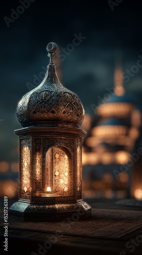 Beautiful Ornate Lantern Illuminated at Dusk Overlooking an Ancient Mosque