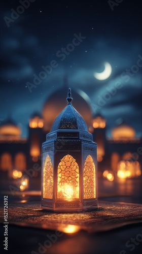 Beautiful Ornate Lantern Illuminated at Dusk Overlooking an Ancient Mosque.