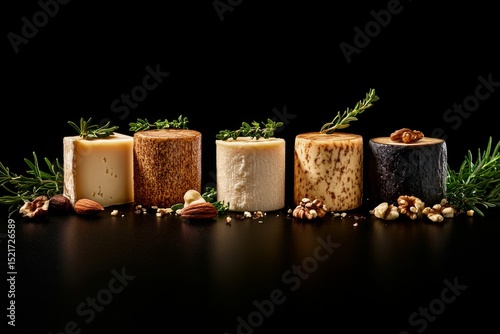 Cheese Selection With Nuts and Herbs Displayed Against a Black Background.