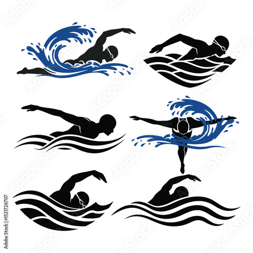 Swimming Logo Vector Set | Swimmer Silhouette with Wave | Sports and Fitness Emblem Design .