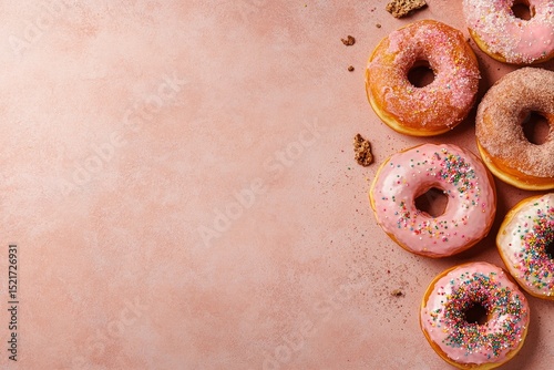 Colorful Donuts Arranged on a Pink Background With Sprinkles and Sugar Coating