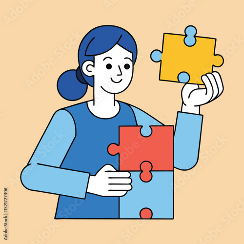 woman doing puzzles holding a single puzzle piece