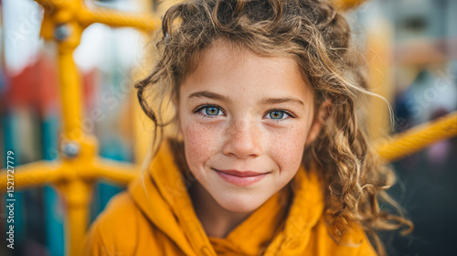 Fototapeta Naklejka Na Ścianę i Meble -  A young girl with curly hair is smiling and wearing a yellow hoodie. She is standing in front of a yellow fence