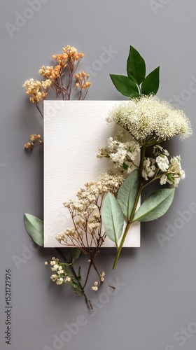 Creative Arrangement of Dried Flowers and Blank Card on Gray Background for A...