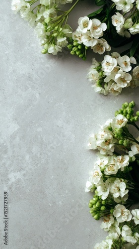 Creative Arrangement of Dried Flowers and Blank Card on Gray Background for A...