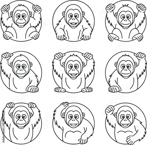 Collection of smiling orangutan cartoon illustrations in circle frames representing different poses for diverse applications