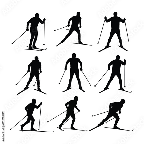 Cross Country Skiing Silhouette Vector Set | Winter Sports Ski Icons for Outdoor Adventure Design .

