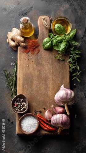 Vibrant Spices and Fresh Ingredients Arranged on a Wooden Cutting Board for C...