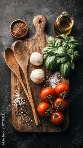 Fresh Ingredients Arranged on a Wooden Board for Preparing a Delicious Meal W...