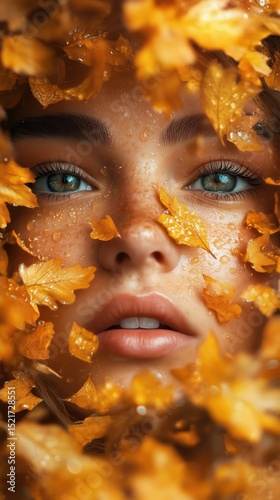 Captivating portrait of a young woman surrounded by vibrant autumn leaves with glowing facial features