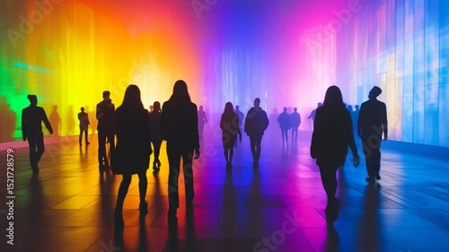 Colorful light display with silhouettes of people walking through a vibrant installation
