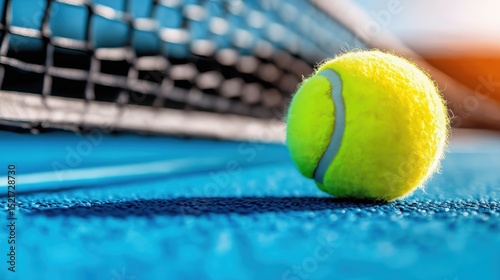 Close-up view of a bright tennis ball resting near the net on a vibrant blue court during a dynamic tennis match