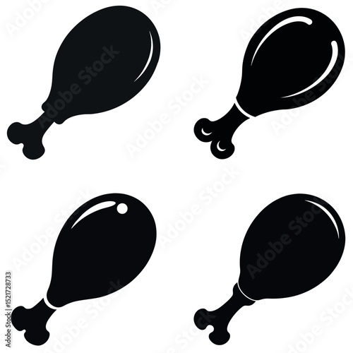 Four Black and White Chicken Drumstick Icon Variations on White Background Square Layout