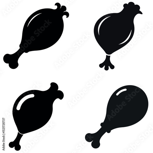 Four Black Silhouette Chicken Leg Icon Variations on a White Background