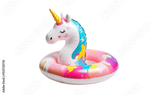 Unicorn is floating in a pink and blue inflatable pool